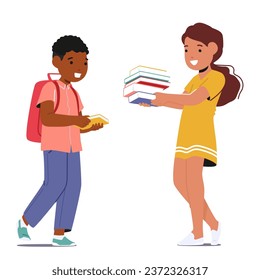 Young Minds Boy and Girl Connecting Through Books. Children Exchanging Stories, Sharing Knowledge, And Fostering A Love For Reading. A World Of Imagination In Their Hands. Cartoon Vector Illustration