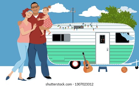 Young minimalist family in front of a mobile home, manufactured house or caravan home, EPS 8 vector illustration