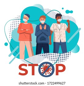 Young mix race guys wearing face medical masks protesting against world epidemic at background of turquoise vector elements, stop sign. Stop spreading coronavirus. Crossed out sign. Cartoon characters