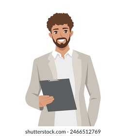 Young mixed race businessman holding clipboard and smiling. Flat vector illustration isolated on white background