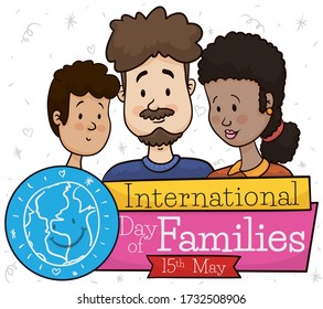 Young mixed race couple and son, promoting the celebration of International Day of Families with a globe, sign and reminder ribbon reminding you the date: May 15.