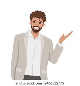 Young mixed race man doing greet pose and say hi, welcoming the audience. Flat vector illustration isolated on white background