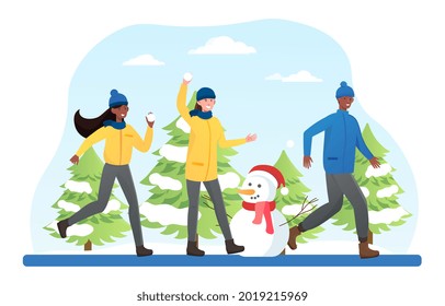 Young mixed racial people in warm clothes have fun doing winter acivities, playing snow ball, make a snowman. Flat illustration cartoon vector concept web banner design isolated on white background