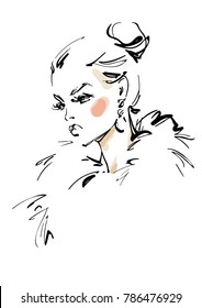 Young model in fur. fashion illustration