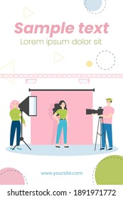 Young model posing in photography studio isolated flat vector illustration. Cartoon photographers taking photo and working with lights and camera. Professional photo and action shoot concept