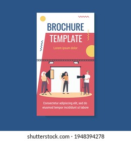Young model posing in photography studio isolated flat vector illustration. Cartoon photographers taking photo and working with lights and camera. Professional photo and action shoot concept