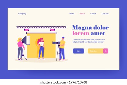 Young model posing in photography studio isolated flat vector illustration. Cartoon photographers taking photo and working with lights and camera. Professional photo and action shoot concept