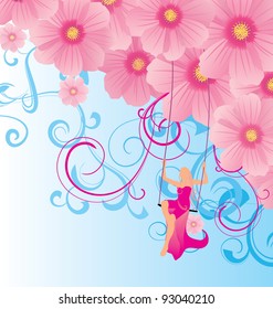 young model in the sky on swings with pink flowers illustration