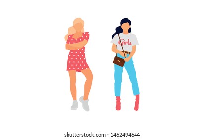 Young model woman set posing on white isolated background. Flat illustration - Vector