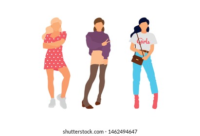 Young model woman set posing on white isolated background. Flat illustration - Vector