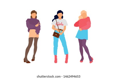 Young model woman set posing on white isolated background. Flat illustration - Vector