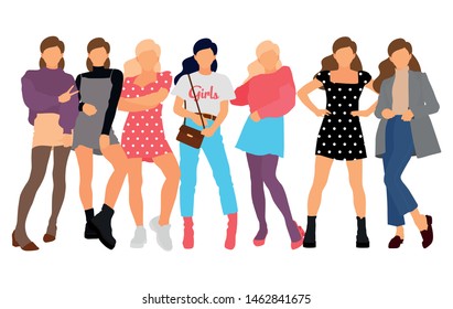 Young model woman set posing on white isolated background. Flat illustration - Vector