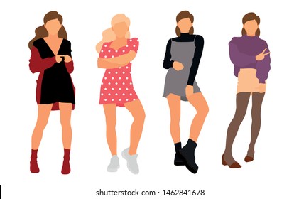 Young model woman set posing on white isolated background. Flat illustration - Vector