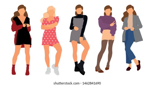 Young model woman set posing on white isolated background. Flat illustration - Vector