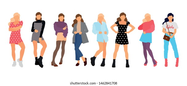 Young model woman set posing on white isolated background. Flat illustration - Vector