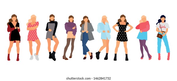 Young model woman set posing on white isolated background. Flat illustration - Vector