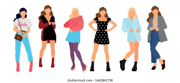 Young model woman set posing on white isolated background. Flat illustration - Vector