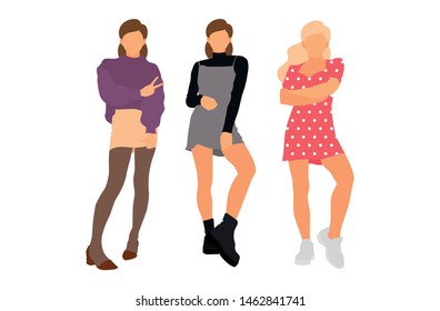 Young model woman set posing on white isolated background. Flat illustration - Vector