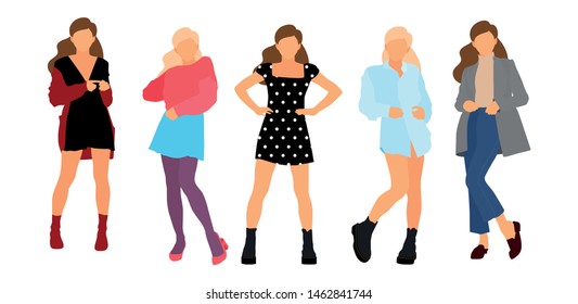 Young model woman set posing on white isolated background. Flat illustration - Vector