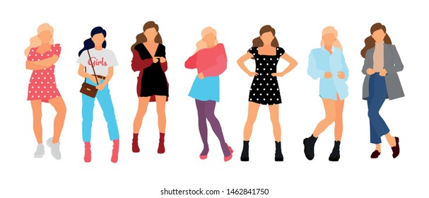 Young model woman set posing on white isolated background. Flat illustration - Vector