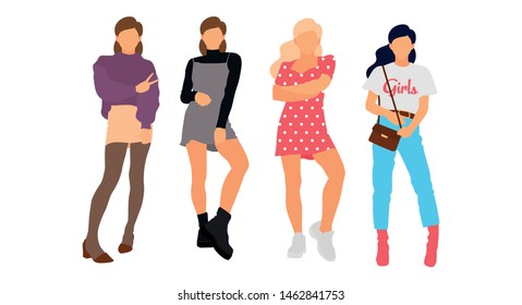 Young model woman set posing on white isolated background. Flat illustration - Vector