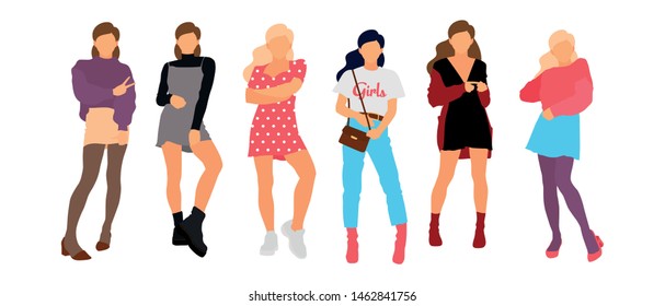 Young model woman set posing on white isolated background. Flat illustration - Vector