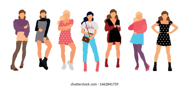 Young model woman set posing on white isolated background. Flat illustration - Vector