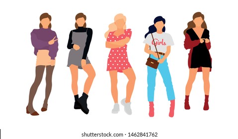 Young model woman set posing on white isolated background. Flat illustration - Vector