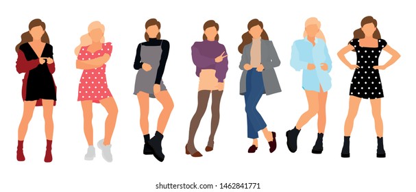 Young model woman set posing on white isolated background. Flat illustration - Vector