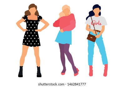 Young model woman set posing on white isolated background. Flat illustration - Vector