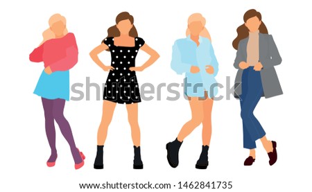 Young model woman set posing on white isolated background. Flat illustration - Vector