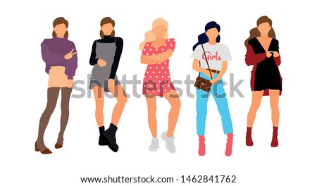 Young model woman set posing on white isolated background. Flat illustration - Vector