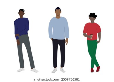 Young modern african american guys posing, faceless illustration, flat style, isolate on white