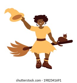 Young modern african american witch on broomstick and her black cat Halloween card Cartoon vector illustration on white background