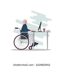 A young modern african american woman is sitting in a wheelchair and working at a computer. A disabled person works in an office. vector