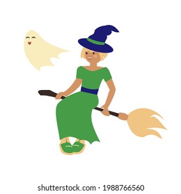 Young modern blond witch on broomstick and little ghost Halloween card Cartoon illustration on white background