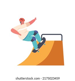 Young Modern Boy in Jumping on Skateboard at Quarter Pipe Ramp. Skateboarder Teen Child Male Character Skateboarding Outdoors Activity. Kid Making Stunts on Board in Park. Cartoon Vector Illustration