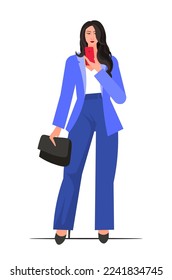 Young modern business woman in a business blue suit with a phone in her hand. Confident businesswoman concept. Flat vector illustration isolated on white background.