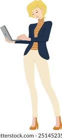 Young modern businesswoman dealing with laptop. Character design, vector illustration.