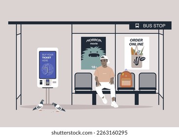 Young modern character at the bus station waiting for their transport