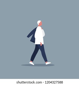 Carácter moderno joven que camina con la chaqueta sobre el hombro. Estilo de vida. Ilustración vectorial editable plana, arte de Clip