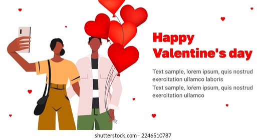 Young modern couple with heart shaped balloons celebrating a birthday, March 8, valentine's day and taking a selfie on the front camera. Vector cute illustration of a man and a woman in love.