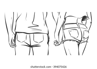 Young modern couple are on a date. Man and woman walk and hold hands. Back view. Vector color cartoon, drawing by black lines. Comics style