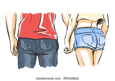 Young modern couple are on a date. Man and woman walk and hold hands. Back view. Vector color cartoon, comics style.