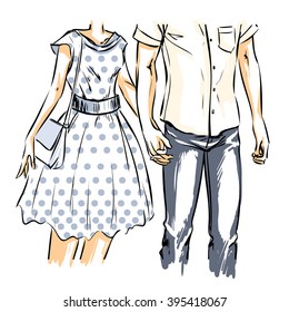 Young modern couple are on a date. Man and woman walk and hold hands. Front view. Vector color cartoon, comics style.