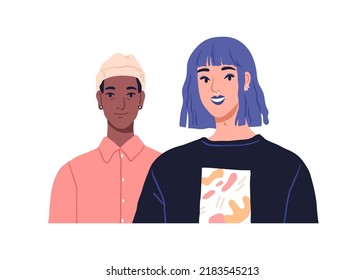 Young modern couple portrait. Happy man and woman of different race. Trendy fashion friends, youth. Stylish girlfriend and boyfriend. Flat graphic vector illustration isolated on white background