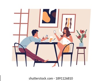 Joven pareja moderna con smartphones en la cocina mientras come y bebe café. Concepto de adicción al teléfono móvil. Rutalidad familiar, desayuno e internet de surf. Ilustración vectorial plana