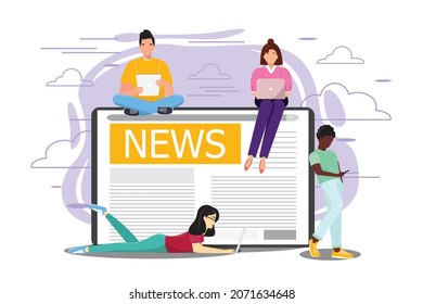 Young modern diverse people reading good news from their devices. Modern media concept illustration with people of different nationalities using their devices. 