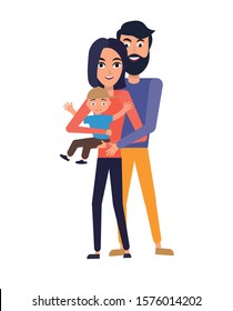 Young modern family. Father, mother, son, on a white background, vector flat illustration