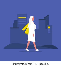 Young modern female character walking with jacket over shoulder. Lifestyle. Big city life. Flat editable vector illustration, clip art